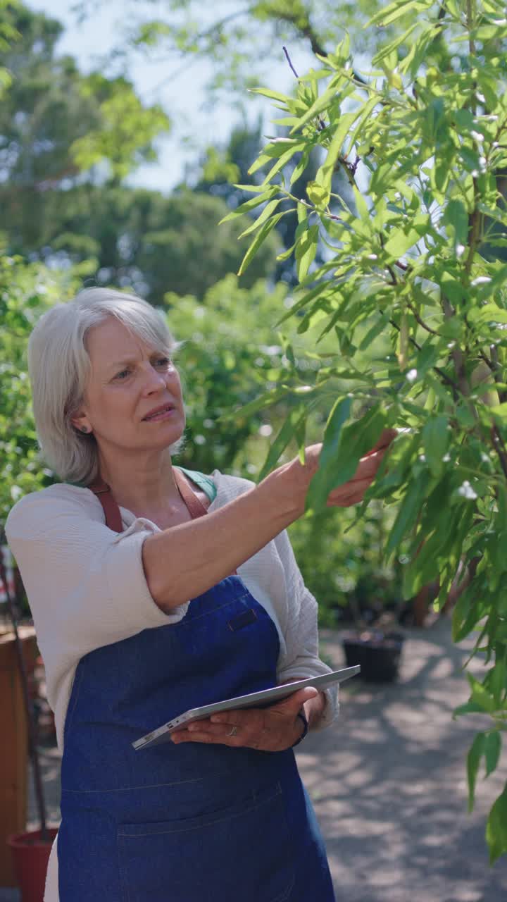 정원에서 태블릿을 사용하는 여성