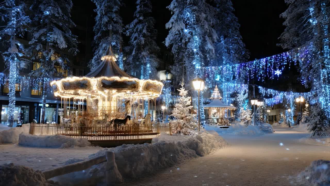 Enchanting Winter Wonderland: A Serene Night Scene Featuring a Glowing Carousel Surrounded by Sparkling Lights and Snow-Covered Trees in a Magical Atmosphere