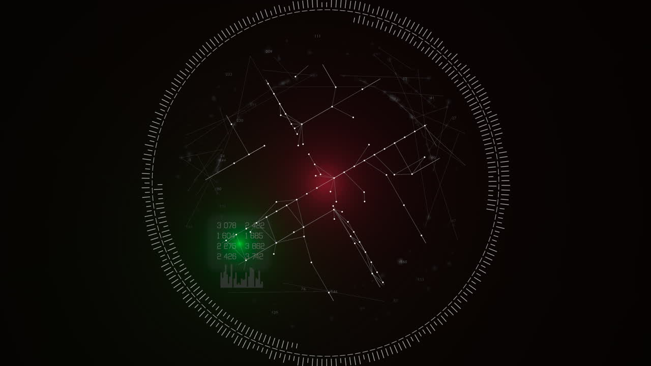 Sovrapposizione interfaccia HUD con griglie di scansione e nodi dati mirati. Visual concettuale per l'elaborazione dell'intelligenza artificiale e la diagnostica di difesa tattica