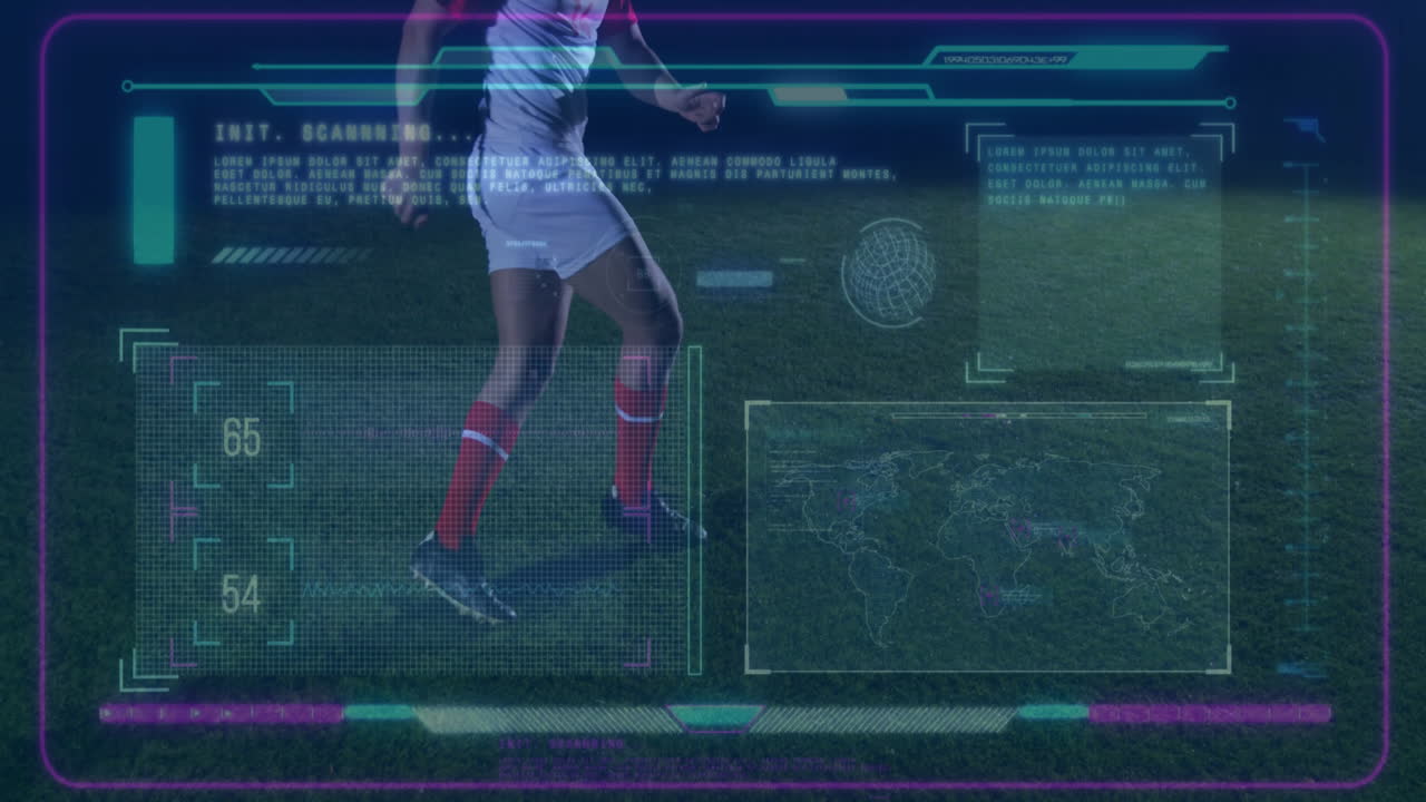 male athlete performing kick on soccer field, with holographic sports technology HUD overlay
