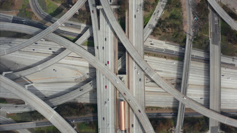 AERIAL:-Spectacular-Overhead-follow-Shot-of-Judge-Pregerson-Highway-showing-multiple-Roads,-Bridges,-Highway-with-little-car-traffic-in-Los-Angeles,-California-on-Beautiful-Sunny-Day