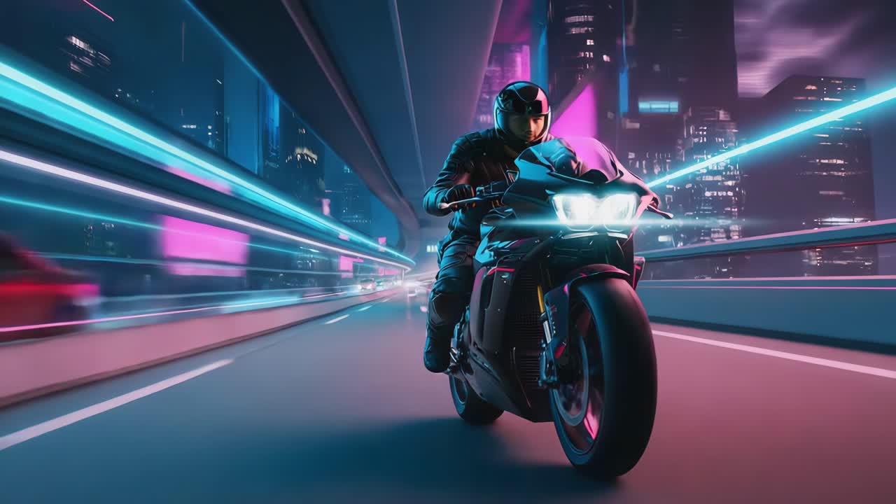 Motociclista in una città futuristica di notte