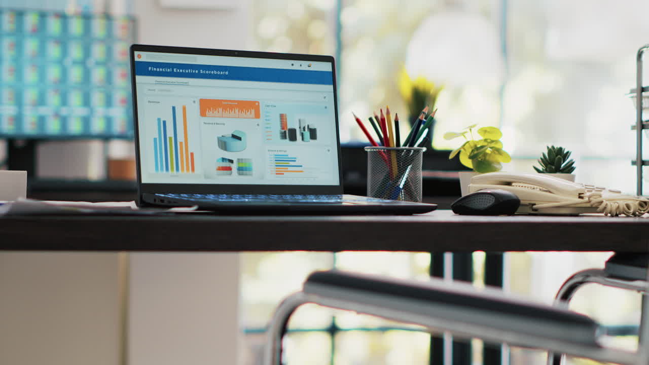 silla de ruedas en oficina inclusiva para empleados y portátil en el escritorio que muestra gráficos financieros