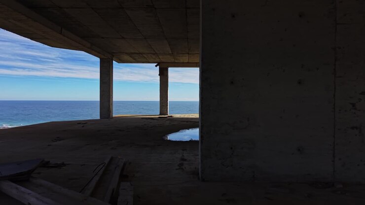Scenic view from an unfinished building overlooking the ocean
