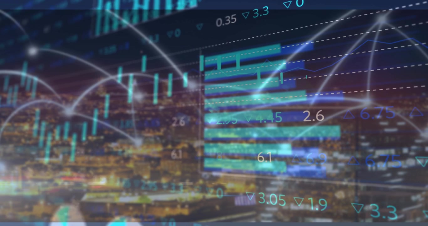 Financial Stock Market Data Overlay on Blurred Cityscape