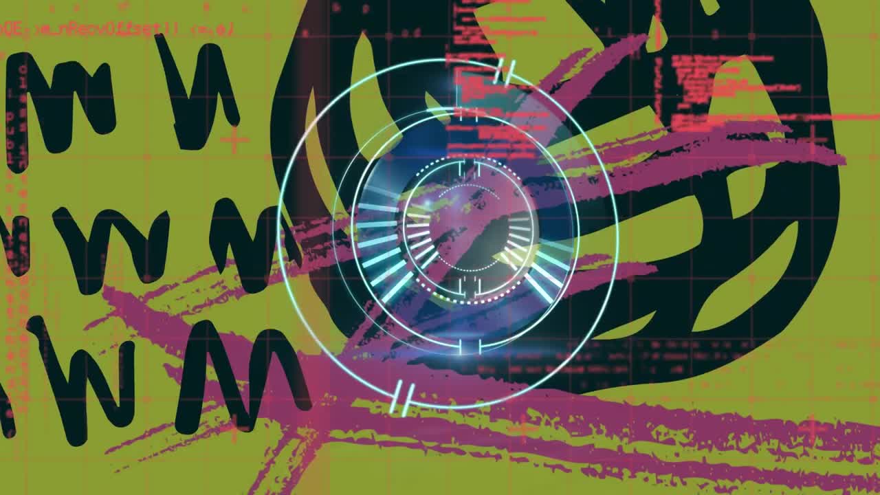 escáner redondo de neón sobre el procesamiento de datos contra formas abstractas en fondo amarillo