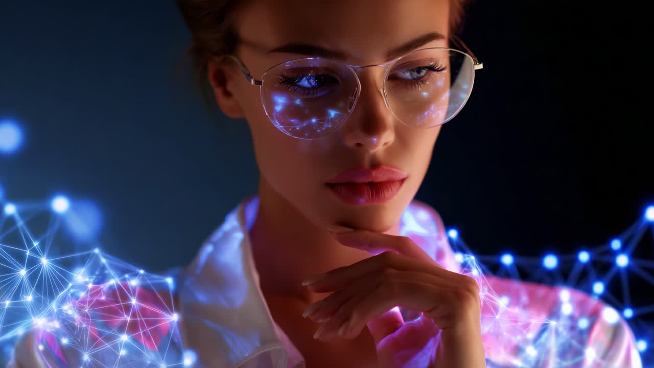 Una giovane donna con gli occhiali contempla l'intersezione tra tecnologia e umanità tra immagini digitali di luci, colori e motivi complessi, emanando un senso di innovazione ponderata e curiosità