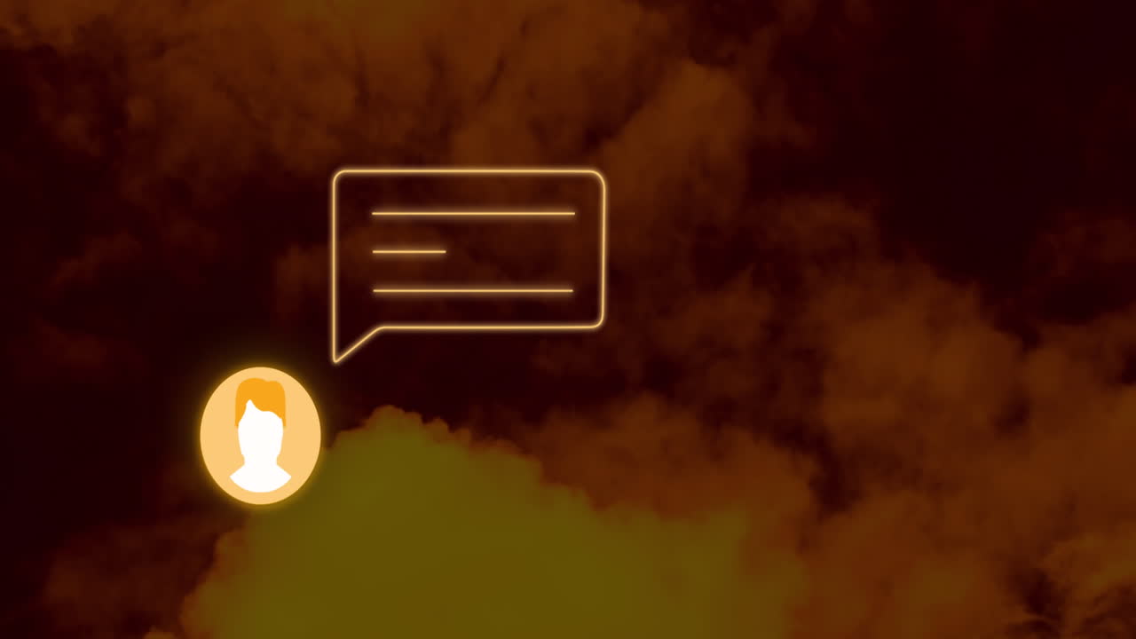 Animation of media icon and clouds on black background