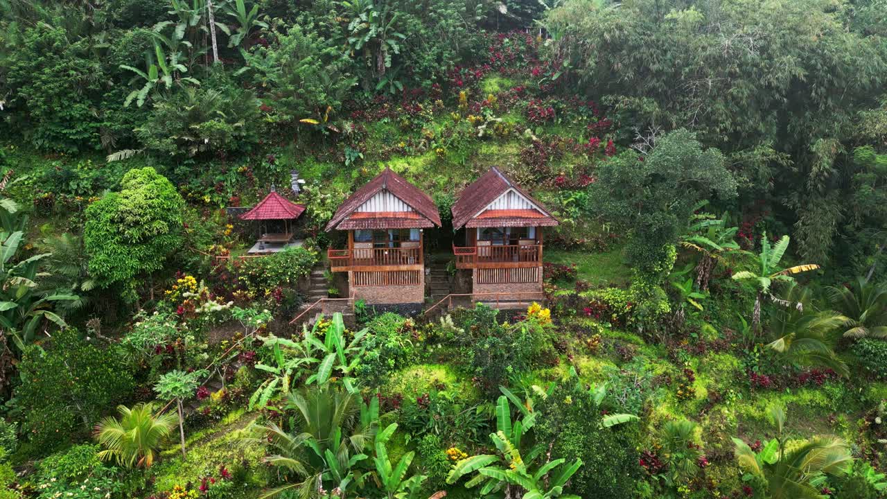 Cinematic aerial video of eco wooden cabins nestled on a tropical hillside in Karangasem Bali, surrounded by lush greenery, palm trees, and vibrant gardens showcasing peaceful nature and rustic charm