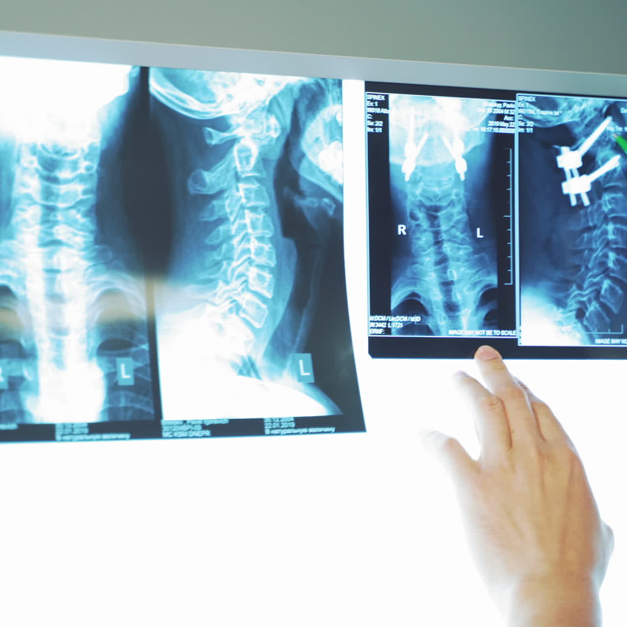 Doctor puts spine x-rays on a screen. Specialists man and woman looking at spinal tomography of a patient in clinic.