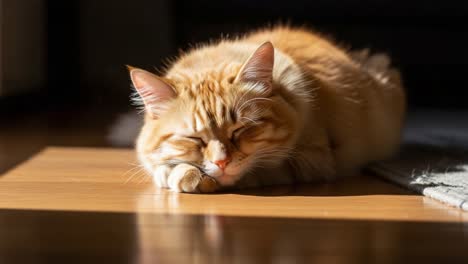 A Cozy Golden Cat Enjoys a Sunlit Nap on a Warm Wooden Floor, Relaxing in Peaceful Surroundings While Soaking Up the Gentle Sunshine