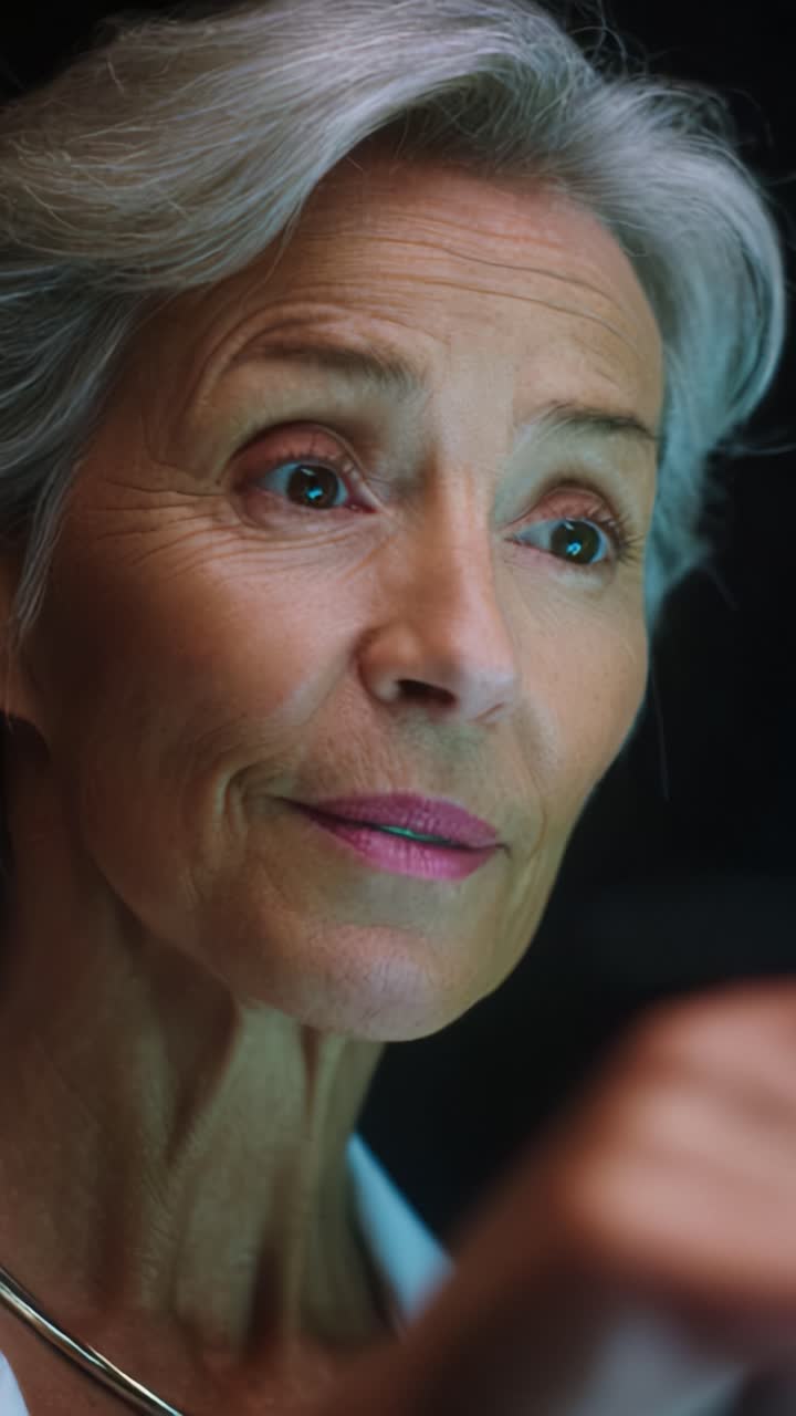 Ritratto accattivante di una donna matura con eleganti capelli argentei che esprime equilibrio ed eleganza in una serie di espressioni ravvicinate