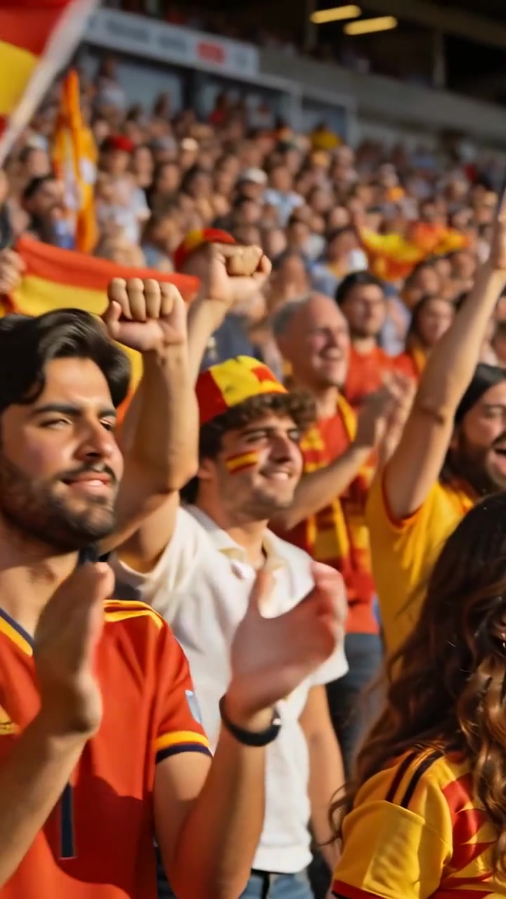 Video vertical: Aficionado con equipación amarilla y roja en las gradas reaccionando a un gol, gritando, levantando los brazos y ondeando banderas