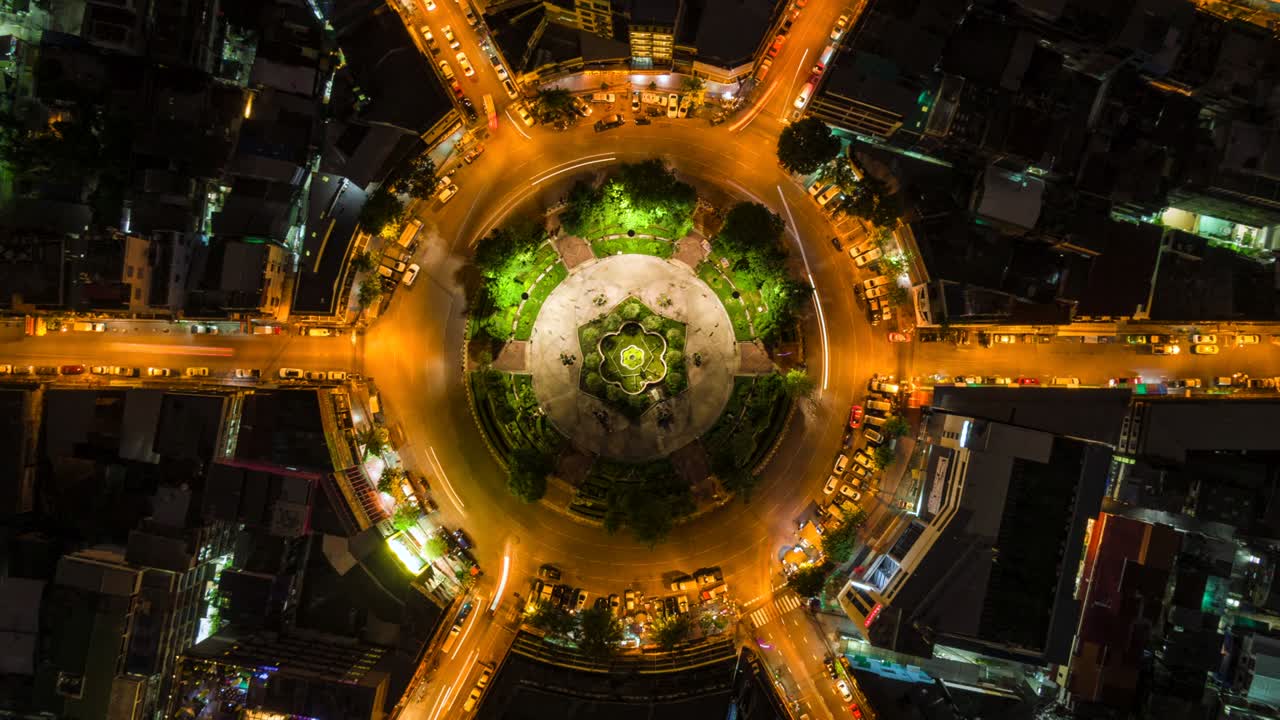 Top Down Aerial Timelapse of Night Traffic at Roundabout in Central Bangkok, Thailand