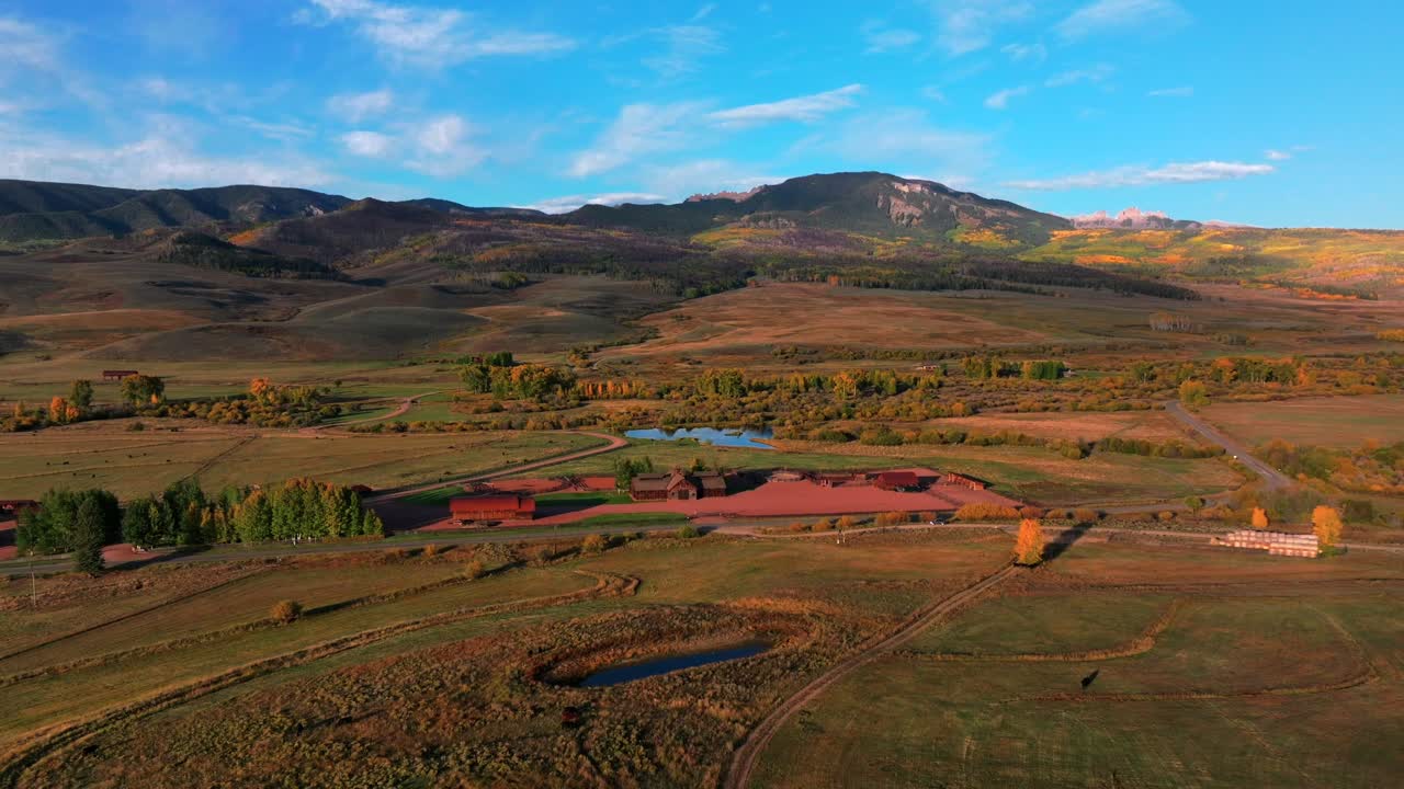Autumn fall ranch land morning clear blue skies clouds Gunnison Crested Butte Ohio Swampy Kebler Pass aerial drone Colorado Mill Castle Mountain Mount Axtell Ohio Peak circle left motion