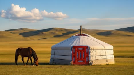 A Scenic View of a Horse Grazing Near a Traditional Yurt in a Serene Landscape, Captured at Golden Hour with Rolling Hills and a Soft Blue Sky