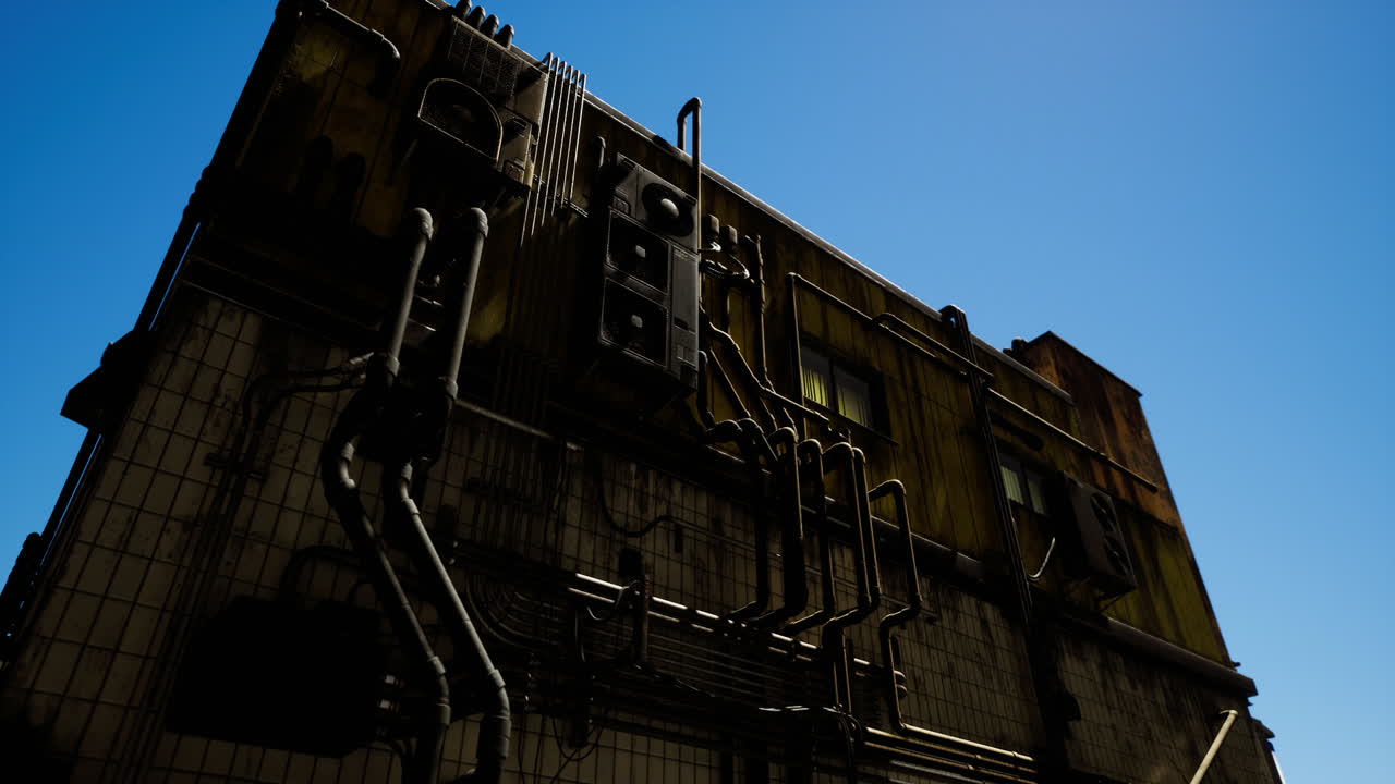 Industrial building with complex piping against clear blue sky
