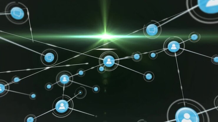 Animation of network of connections with icons over dark background