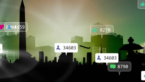 Animation-of-social-media-icons-and-numbers-on-banners-over-airplane-taking-off-and-cityscape