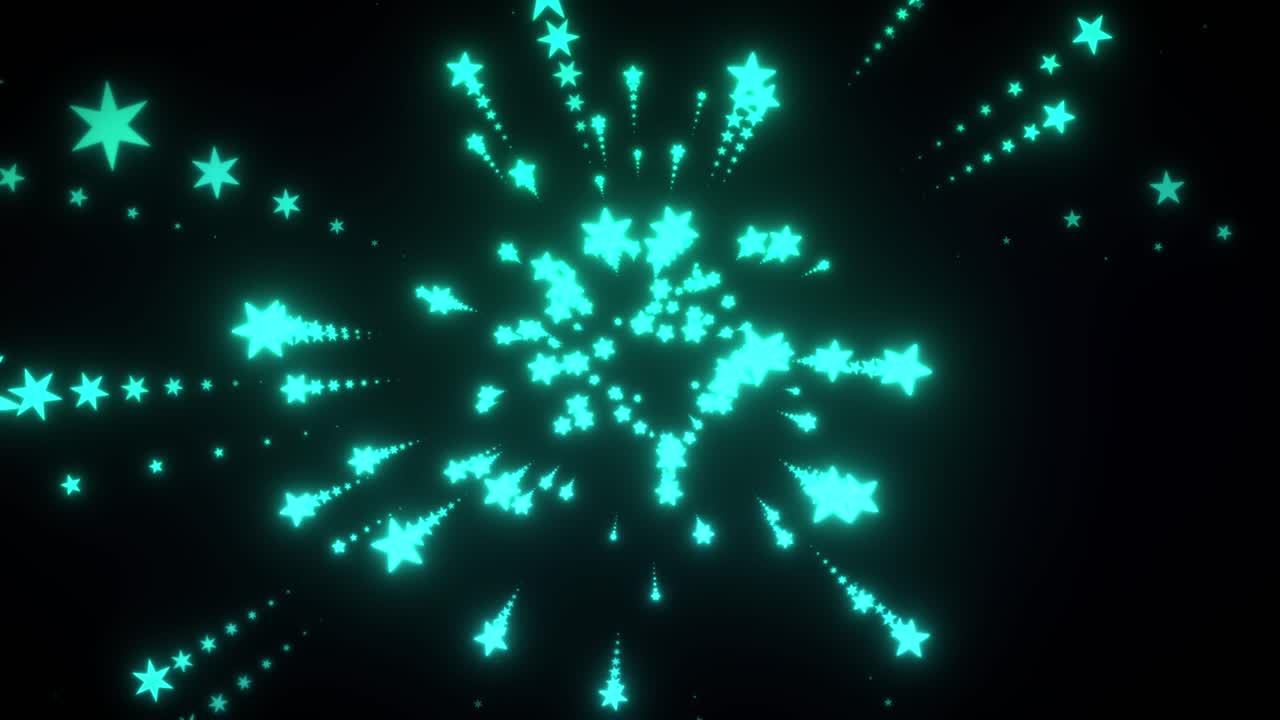 Teal glowing stars explode from a central point against a dark background with bloom effects