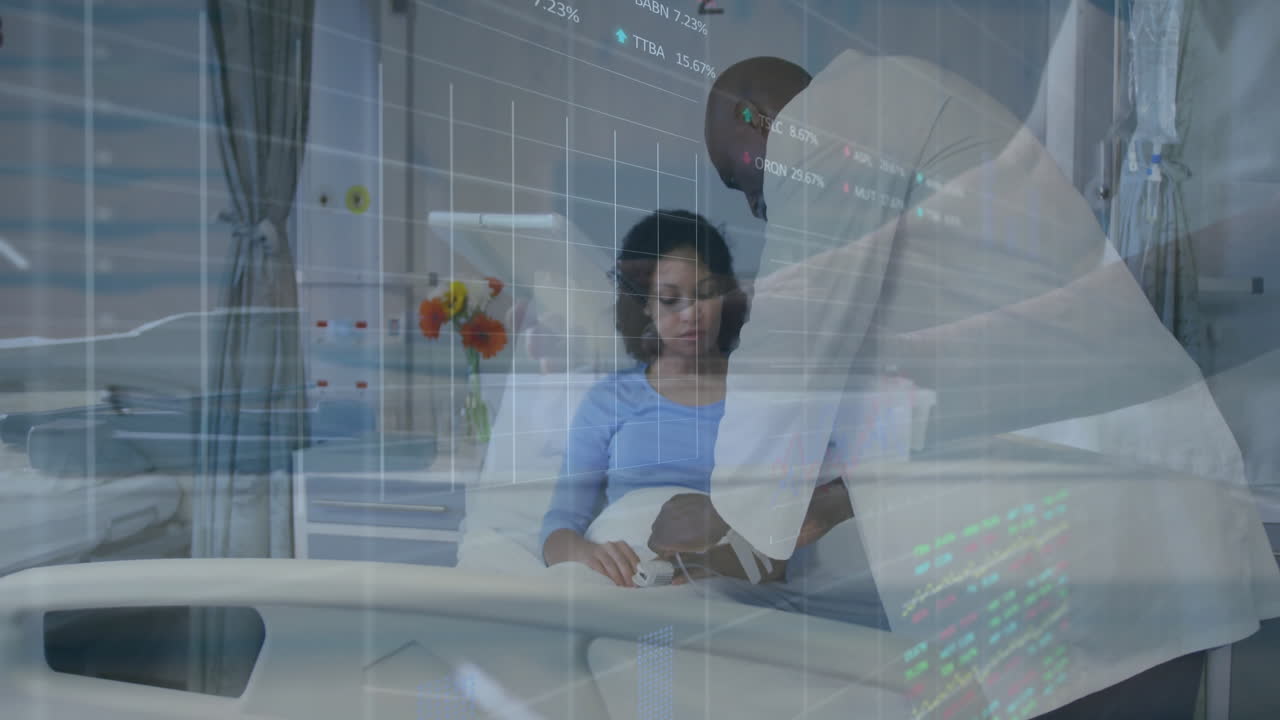 female patient lying hospital bed receiving care via IV line from male doctor, with floating chart