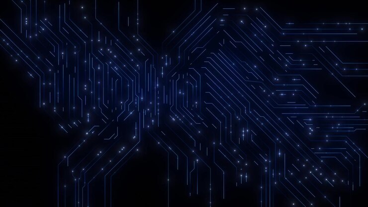 Immagine di pattern di circuito elettronico scuro con linee di traccia blu, punti di connessione luminosi e tecnico