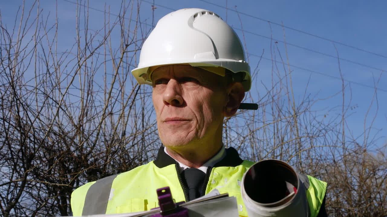 retrato en primer plano de un inspector de construcción de arquitectos inspeccionando un sitio de construcción con un clip board y planes arquitectónicos