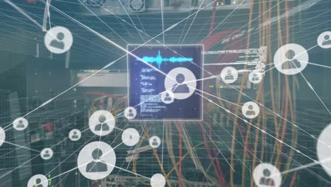 animación del procesamiento de datos financieros a través de una red de conexiones y servidores informáticos