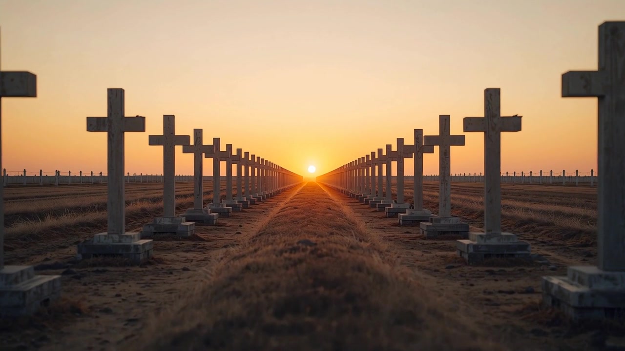 Telecamera in movimento lungo un sentiero centrale in un cimitero con il sole che sorge, centrando il sole tra le croci di pietra