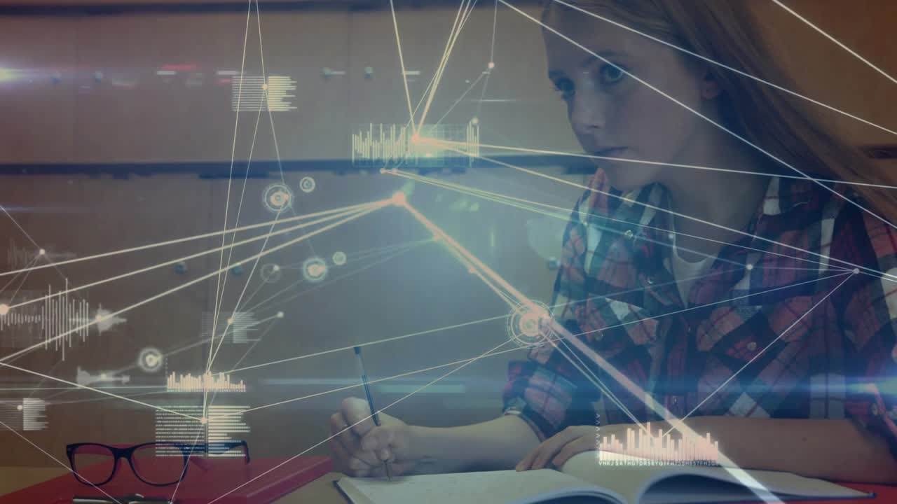 Educational network nodes appearing and pulsing over desk aiding teenage student taking notes