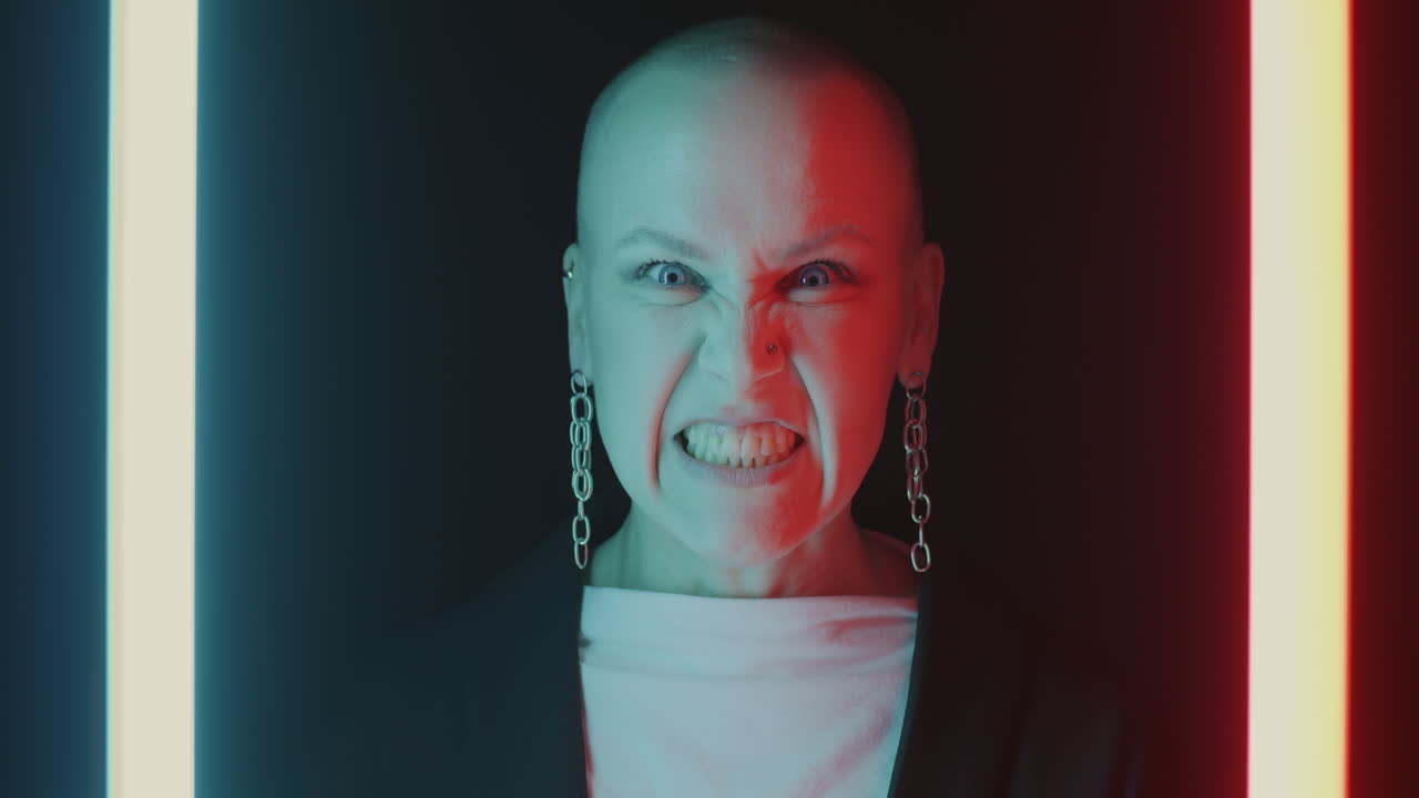Intense Neon Portrait of a Bald Woman