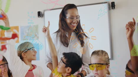 Animation-of-science-icons-over-smiling-biracial-female-teacher-with-diverse-schoolchildren-in-lab