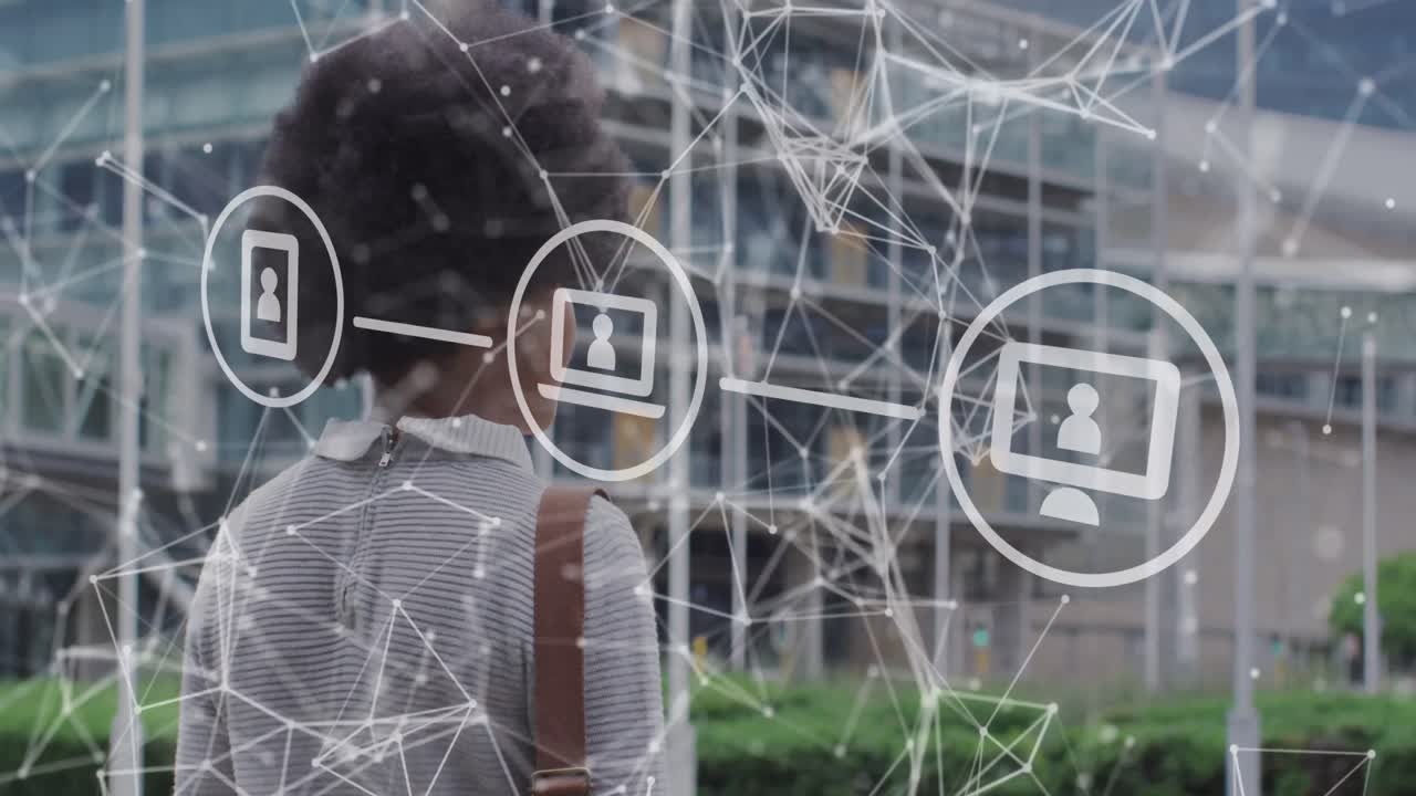 animación de conexiones y datos comerciales sobre la mujer afroamericana en la ciudad