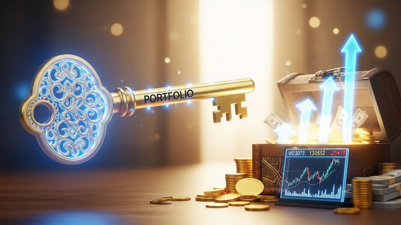 Unlock Your Financial Potential: A Symbolic Key to Wealth, Growth, and Investment Success through a Portfolio Showcase with Rising Trends and Abundance