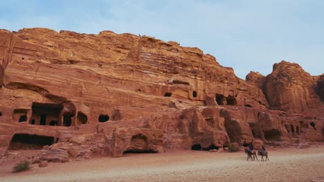 two donkeys in petra jordan at historic tombs at unesco heritage site treasury khaznet carved into sandstone and limestone. animal camel desert riding for tourists. indiana jones filming location.