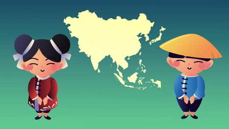 asian culture woman and farmer with map animation