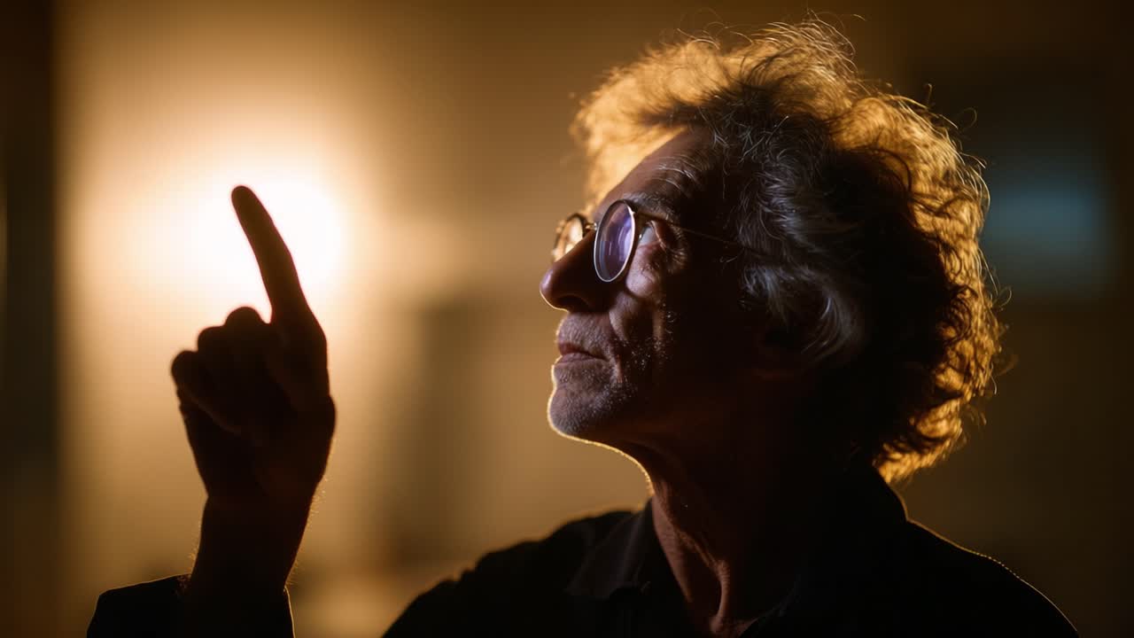 Een bedachtzaam persoon kijkt omhoog en wijst naar het licht, waarmee hij inspiratie en contemplatie toont in een slecht verlichte omgeving