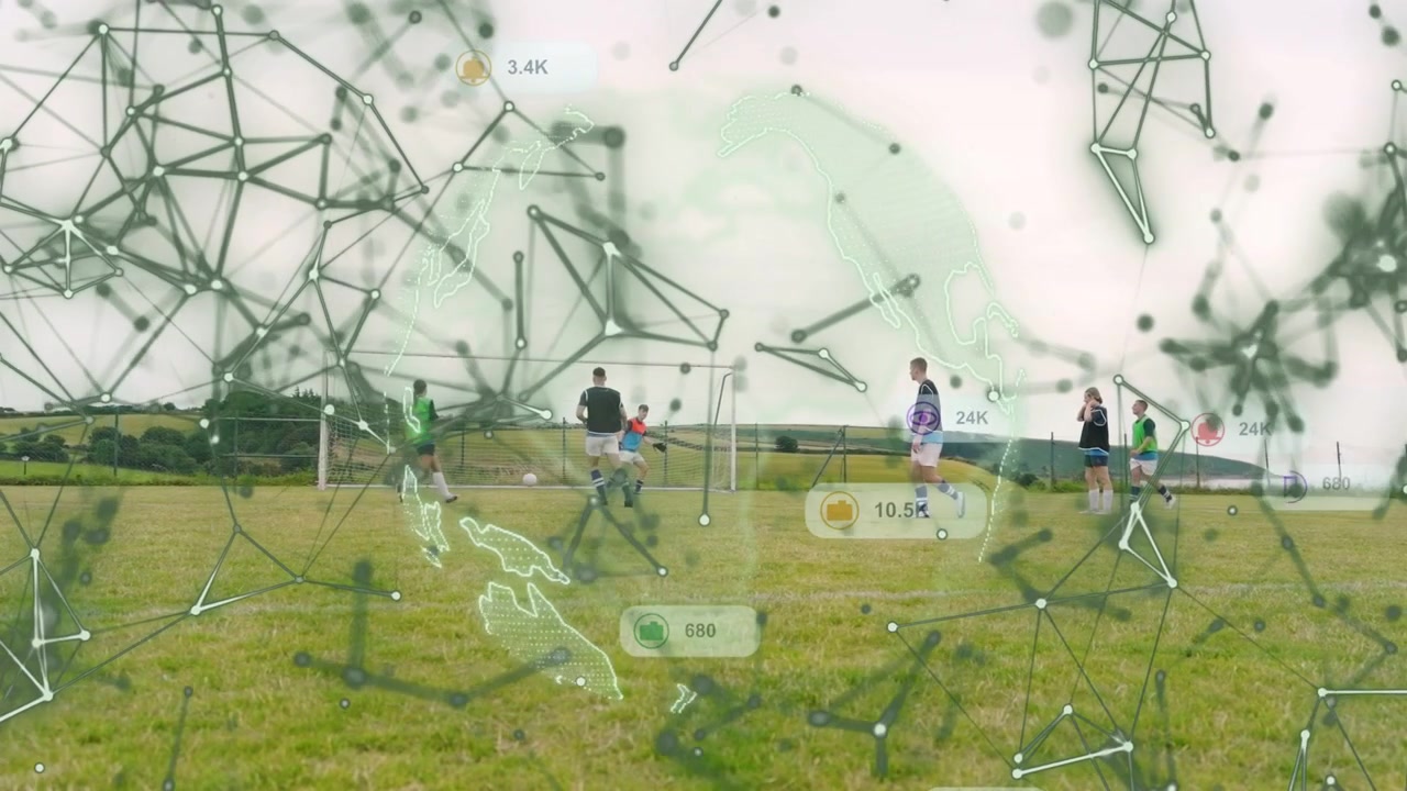 Soccer players advancing to goal on field sparking AR globe and mesh overlay showing social data