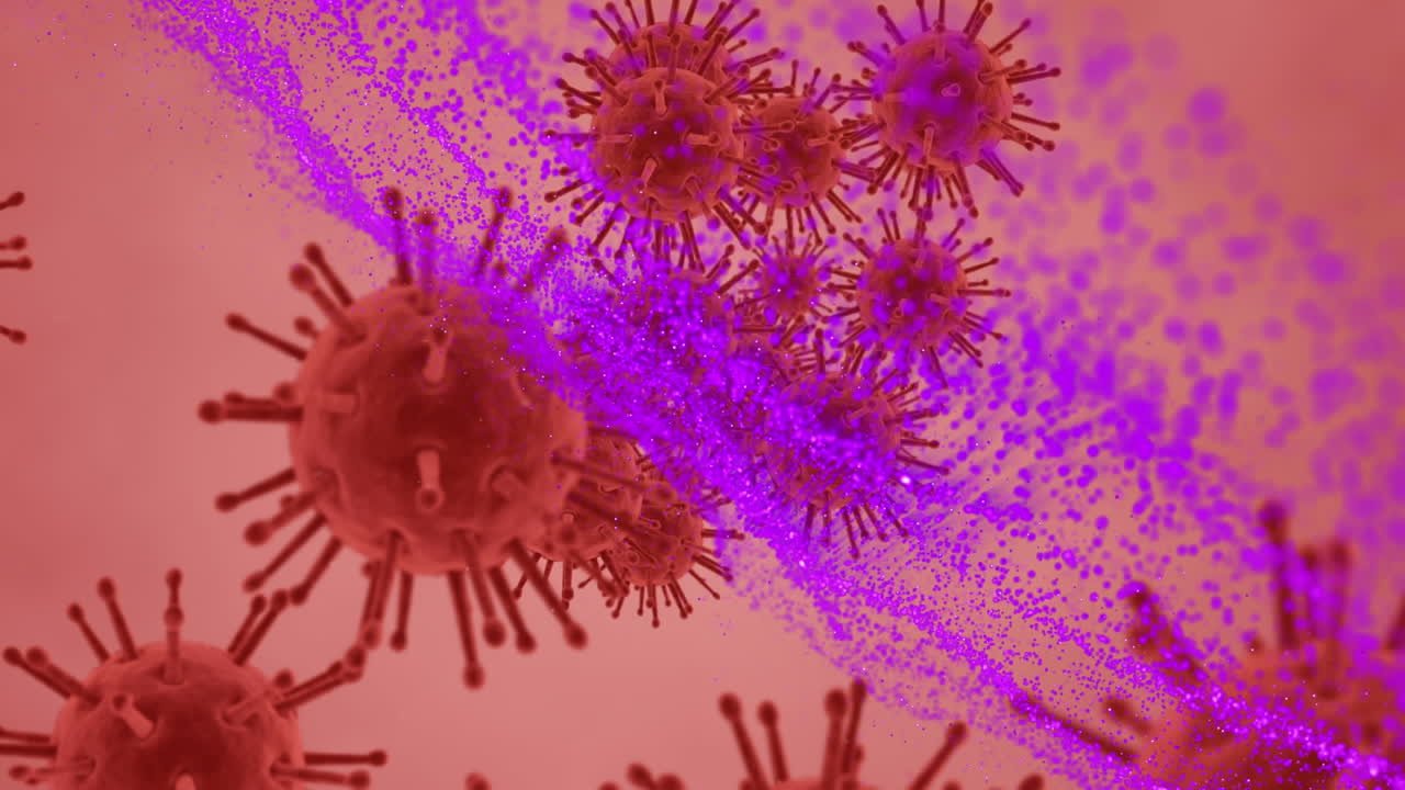 Animation of purple light trails and red covid 19 cells