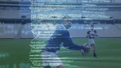 animation of data processing over rugby players at stadium