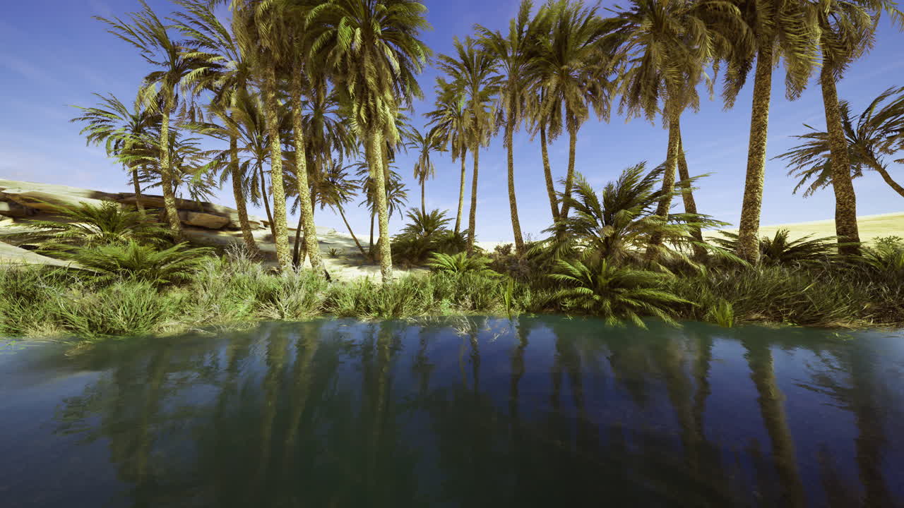 Palm trees surround a serene oasis in a desert landscape under clear skies