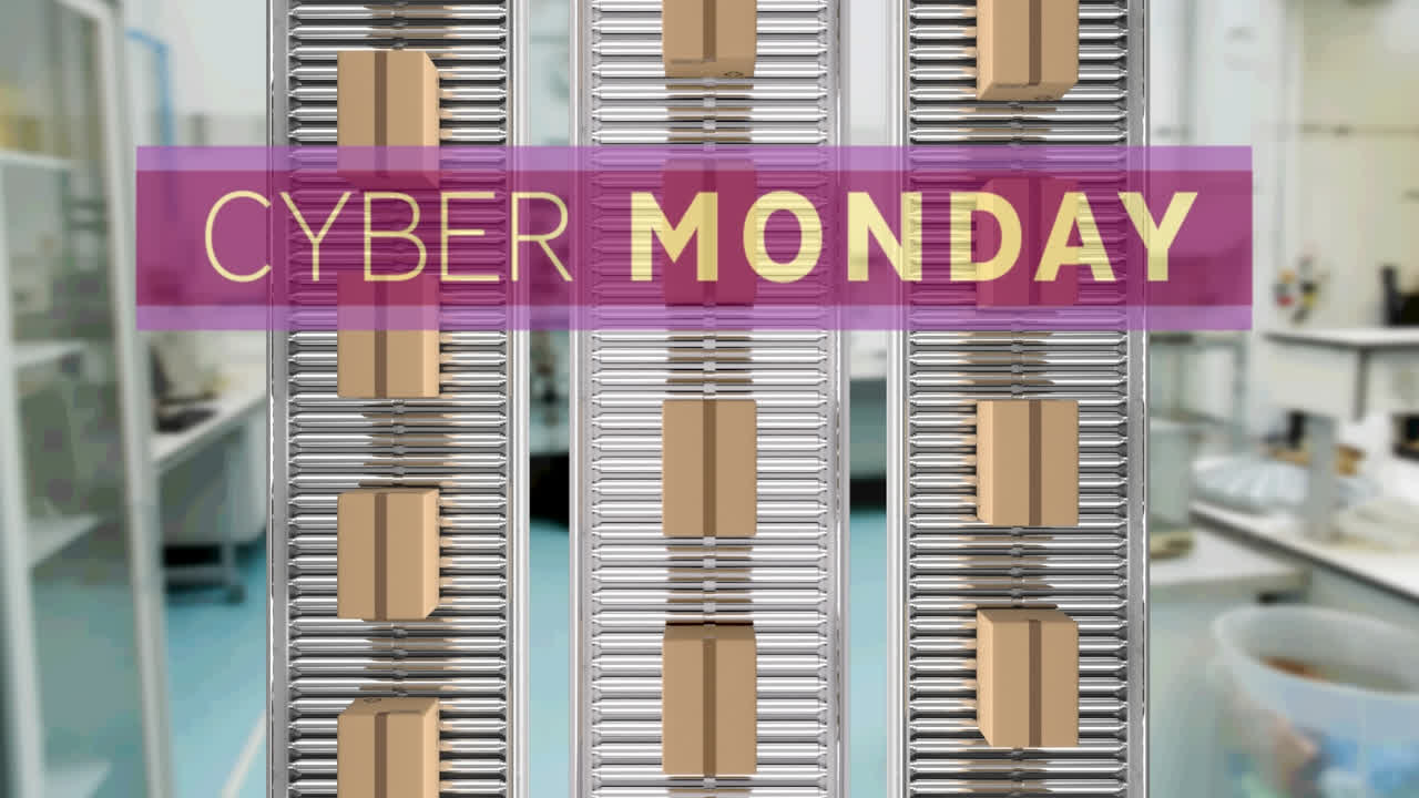 animación del texto de cyber monday sobre cajas de cartón en cintas transportadoras en el almacén