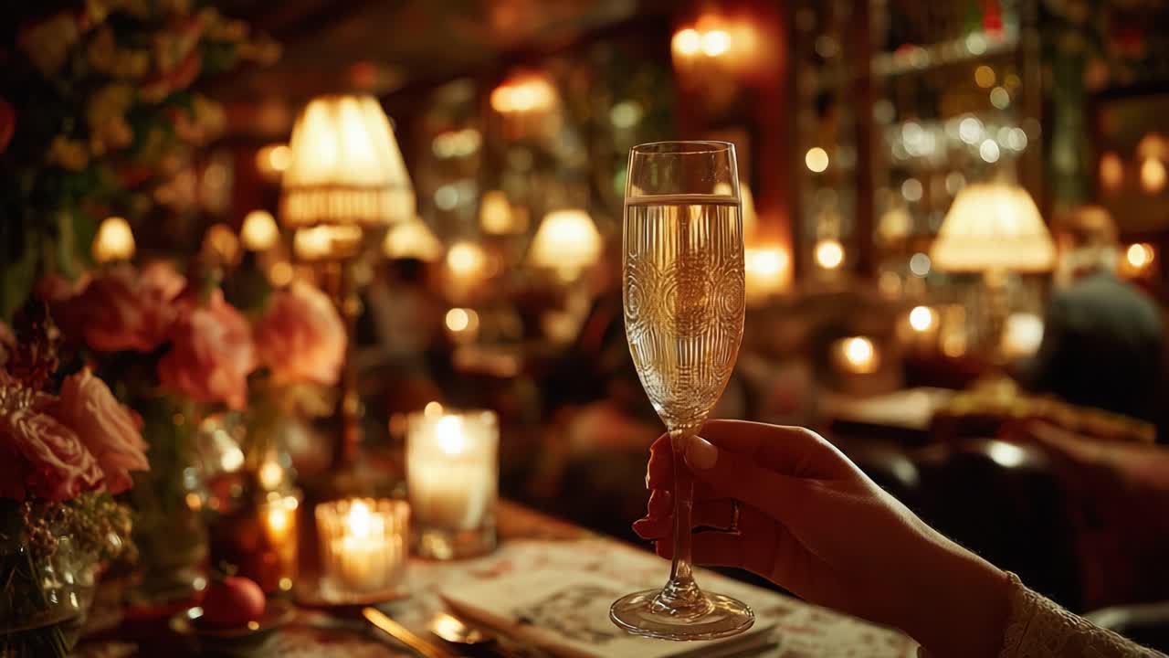 Celebrazione elegante: un brindisi con champagne frizzante in un ristorante accogliente e d'atmosfera, illuminato da luce calda e con composizioni floreali, perfetto per occasioni speciali.