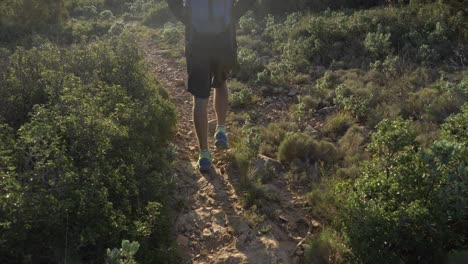 man walking in the mountains during the sunrise in the morning