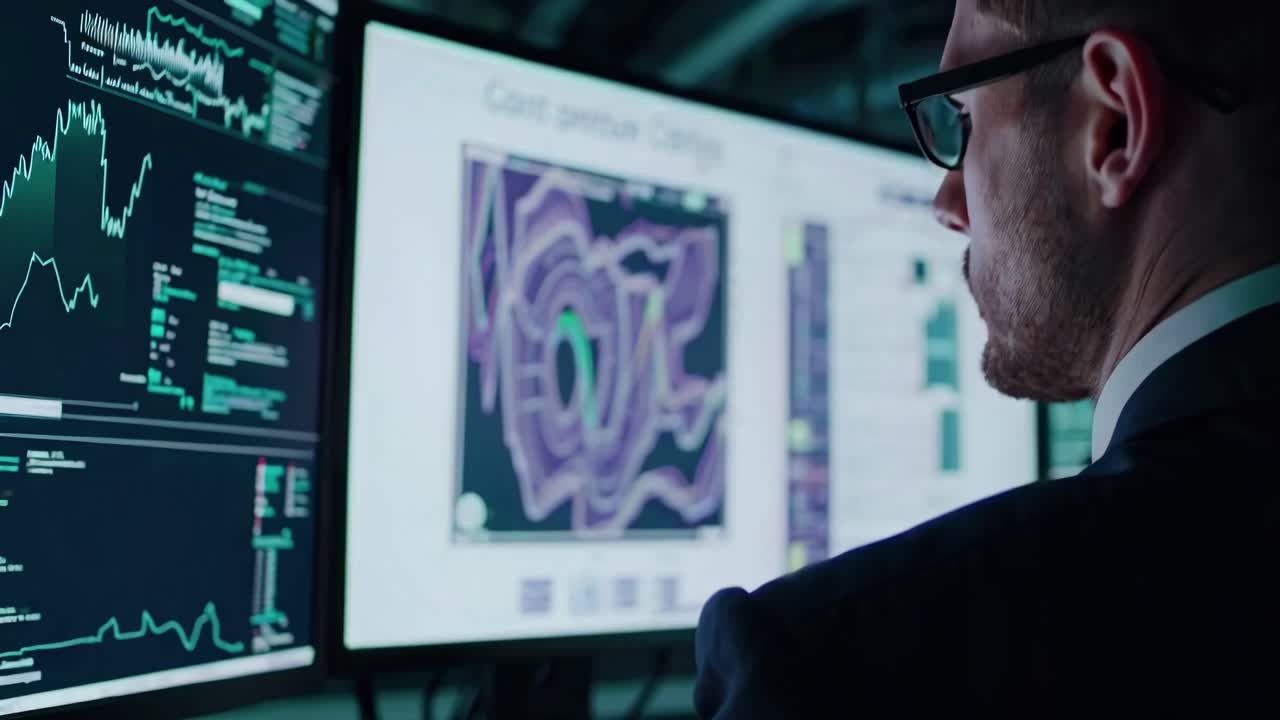 Low-angle shot of a person analyzing data on multiple screens in a dimly lit room