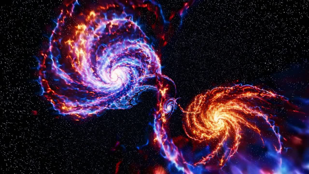 Luminous galaxies merging in cosmic dance, swirling nebulas blending vibrant hues, revealing intricate celestial dynamics through mesmerizing interstellar transformation