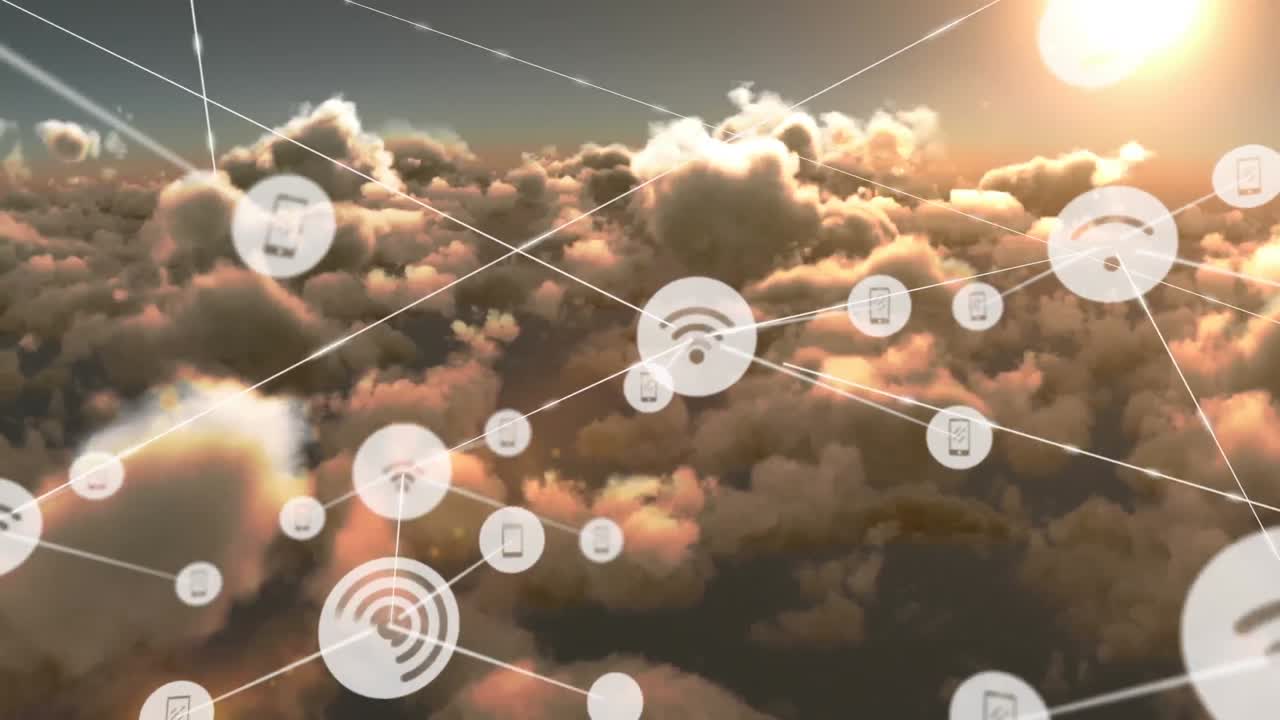 animación de la red de conexiones con iconos sobre nubes