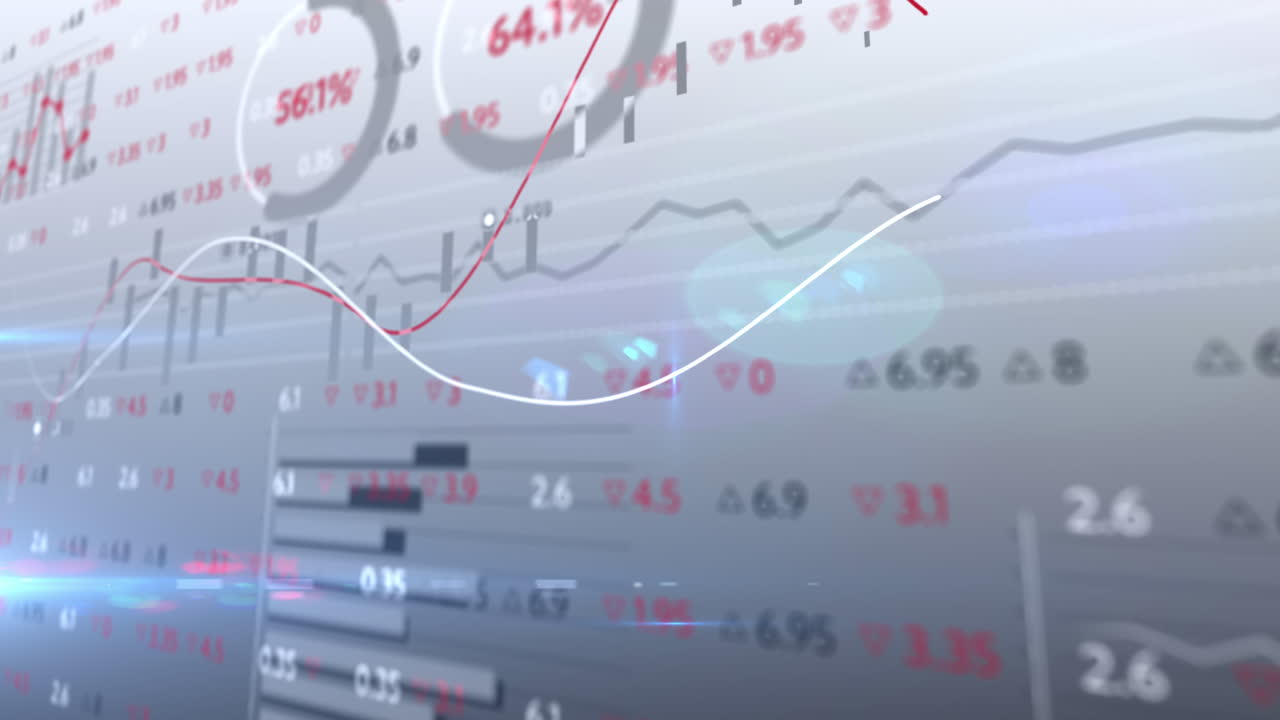 Animation of stock exchange display board with graphs and numbers changing