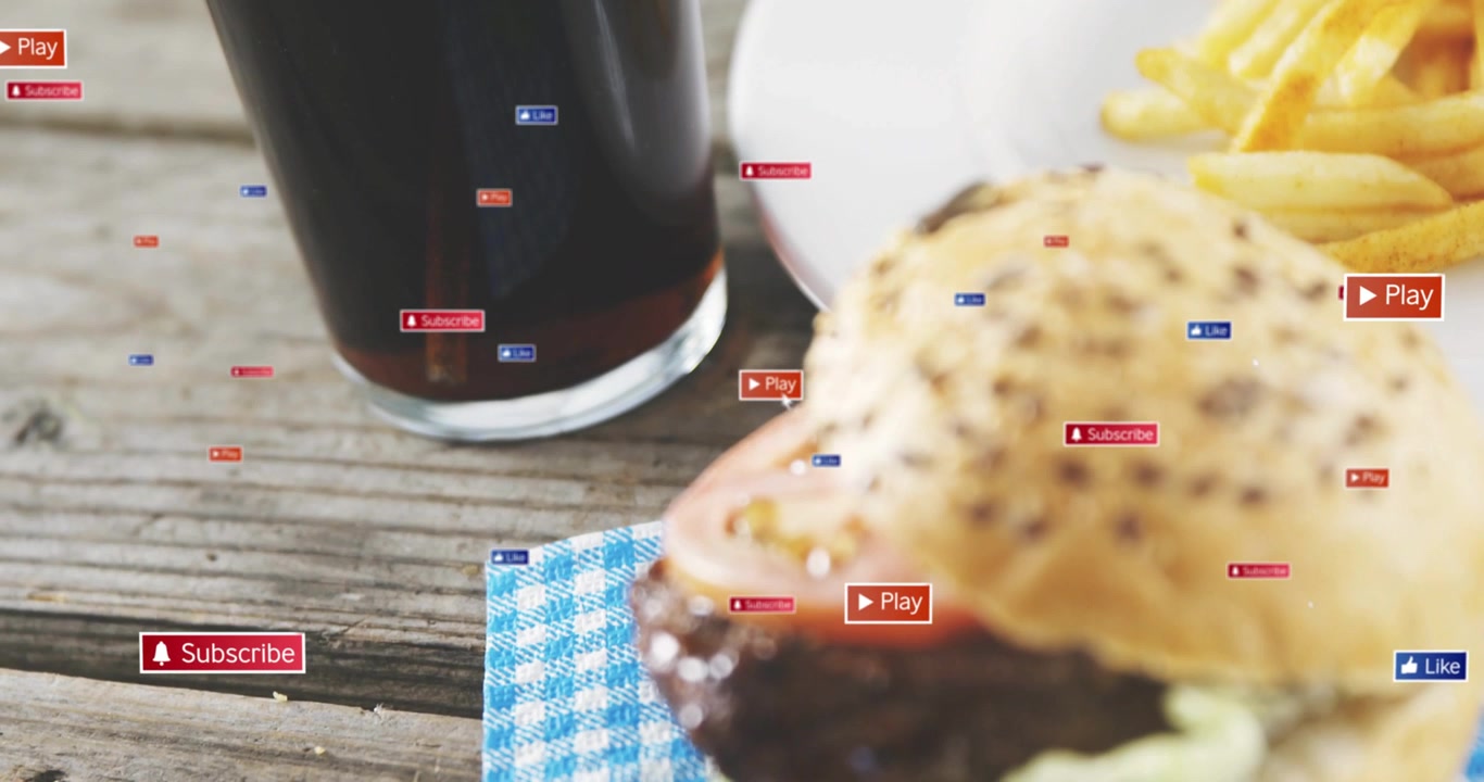 Overlay graphics floating, glass and burger shifting right, icons clustering, driving engagement