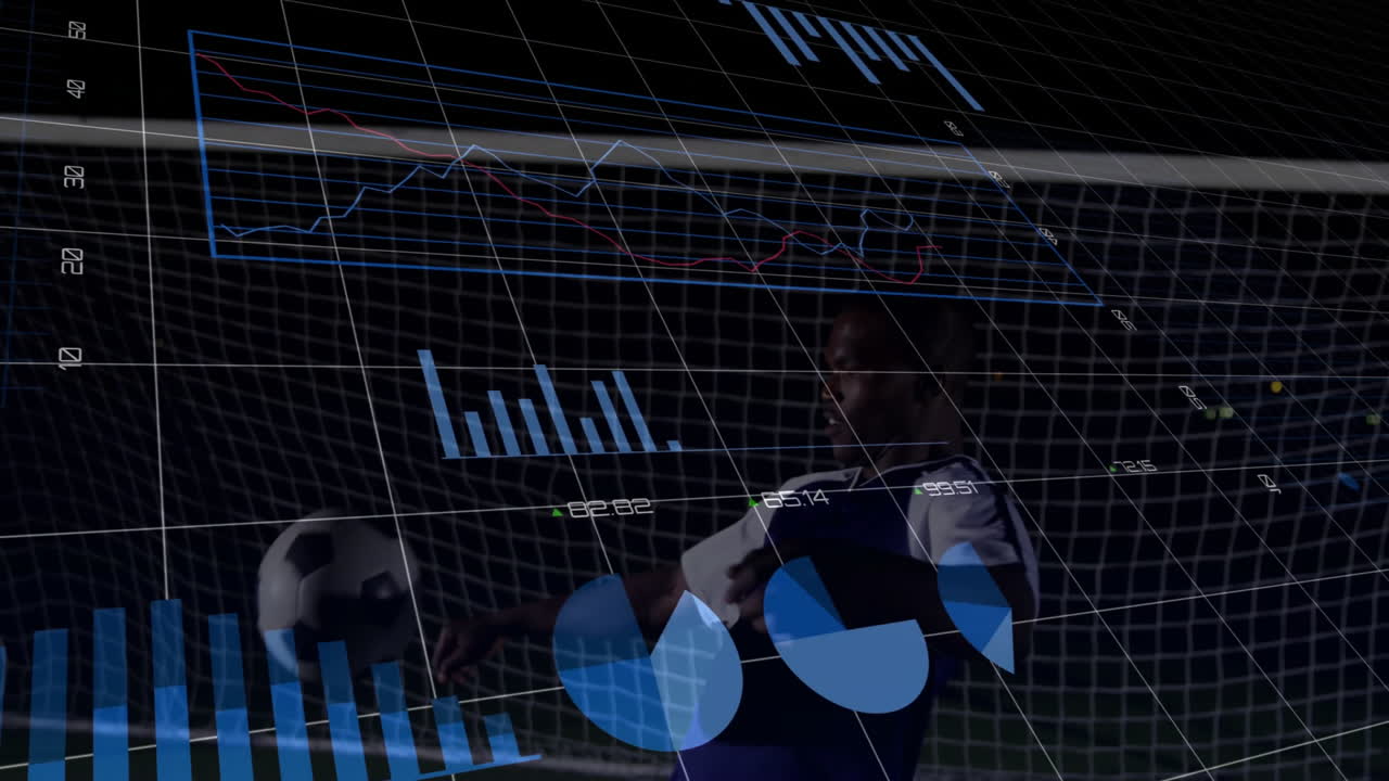 Kicking soccer ball, player with animation of financial data charts on grid